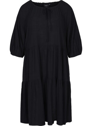 Bomulds kjole med 3/4 ærmer og bindedetalje, Black, Packshot image number 0