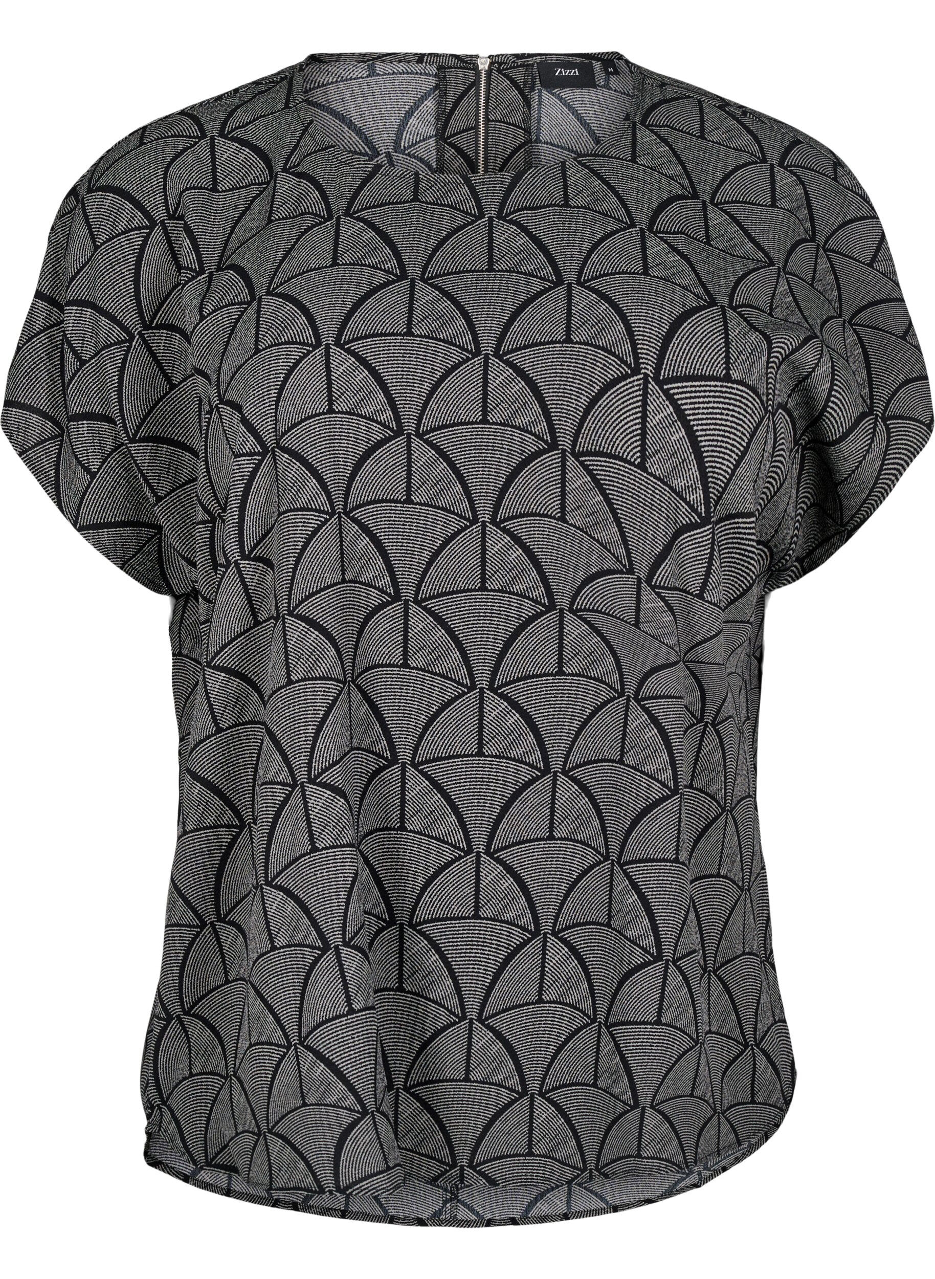 Zizzi Kort&aelig;rmet bluse med print, Black Grey Graphic , Packshot image number 0