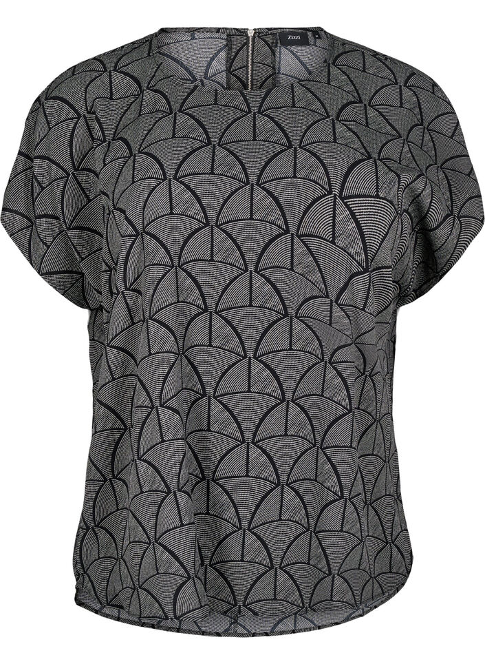 Kortærmet bluse med print, Black Grey Graphic , Packshot image number 0
