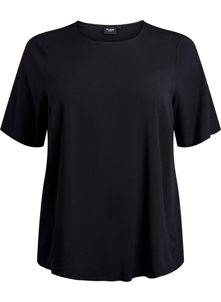 Kort&aelig;rmet v&aelig;vet bluse med rund hals, Sort, Packshot image number 0