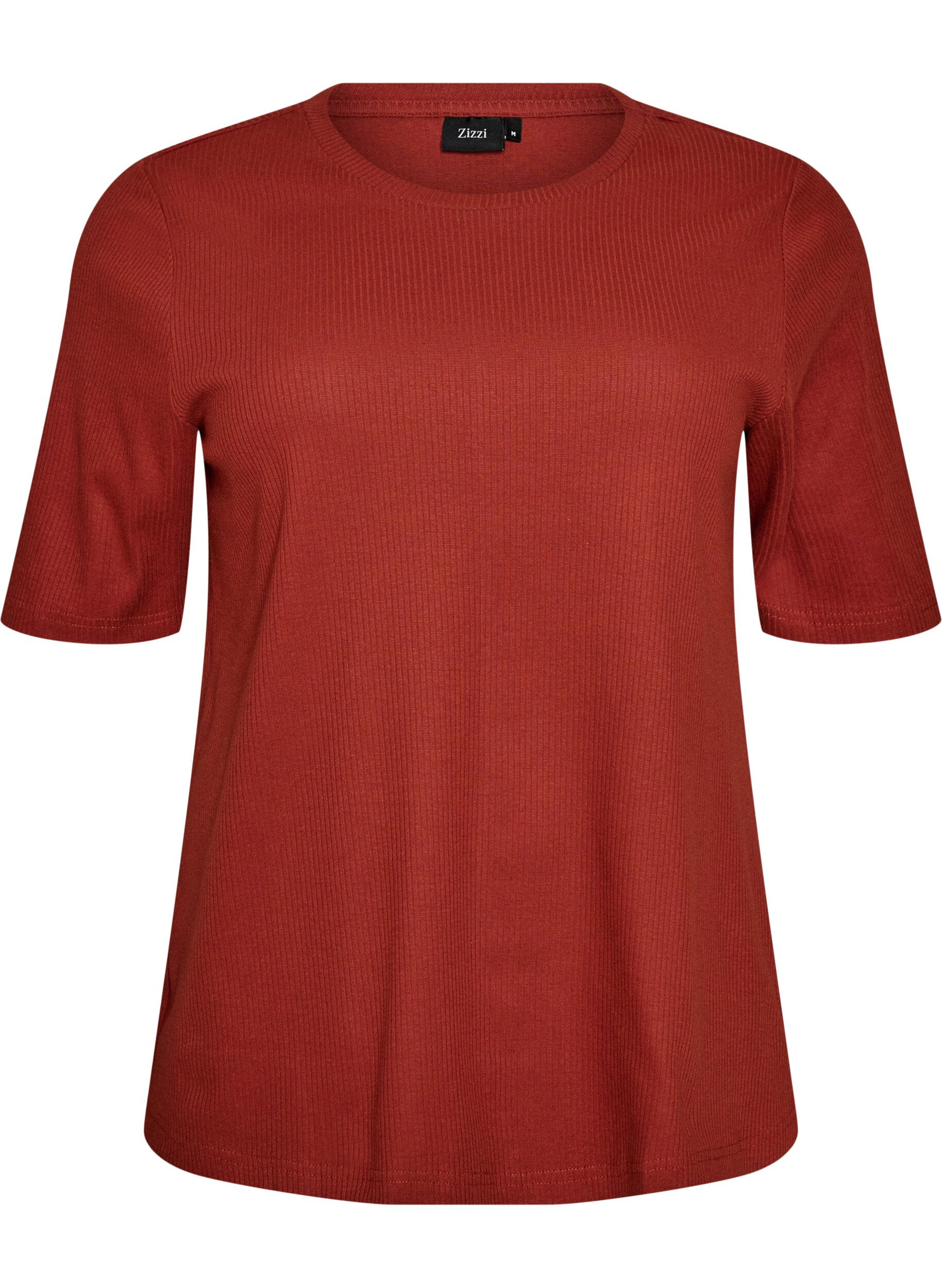 ZizziRibbet jerseybluse med korte &aelig;rmer, R&oslash;d, Packshot image number 0