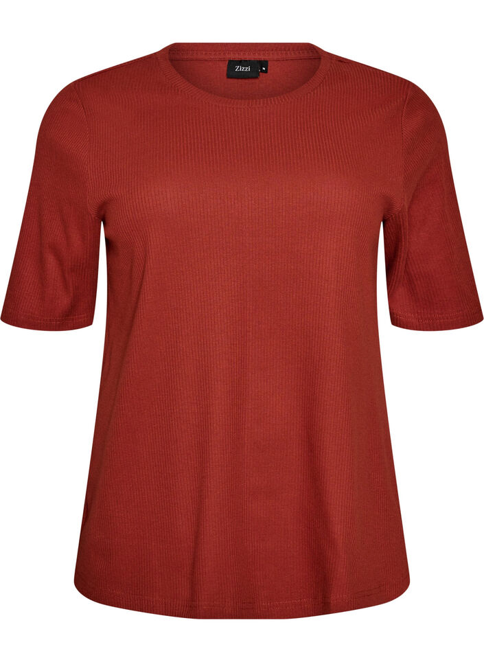 Ribbet jerseybluse med korte &aelig;rmer, R&oslash;d, Packshot image number 0