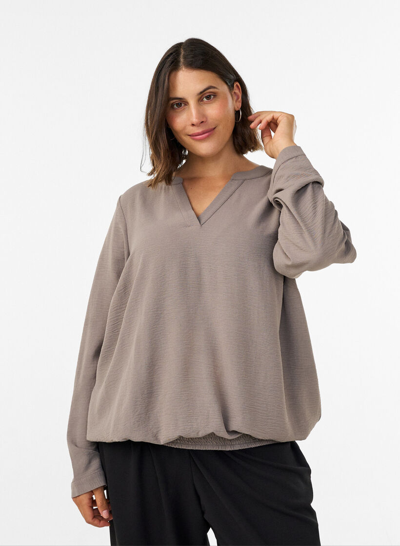 Bluse med ballonform og V-udsk&aelig;ring, Beige, Model image number 0