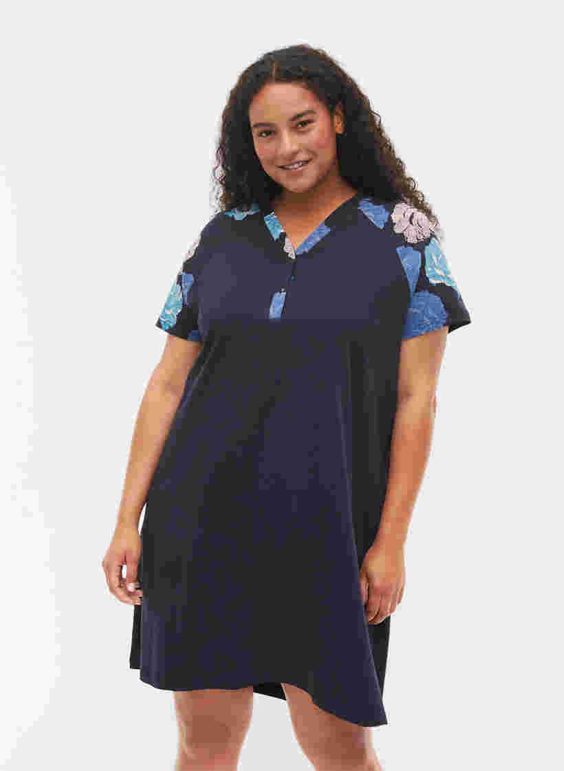 Kortærmet bomulds natkjole med printdetaljer, Blue Flower, Model image number 0