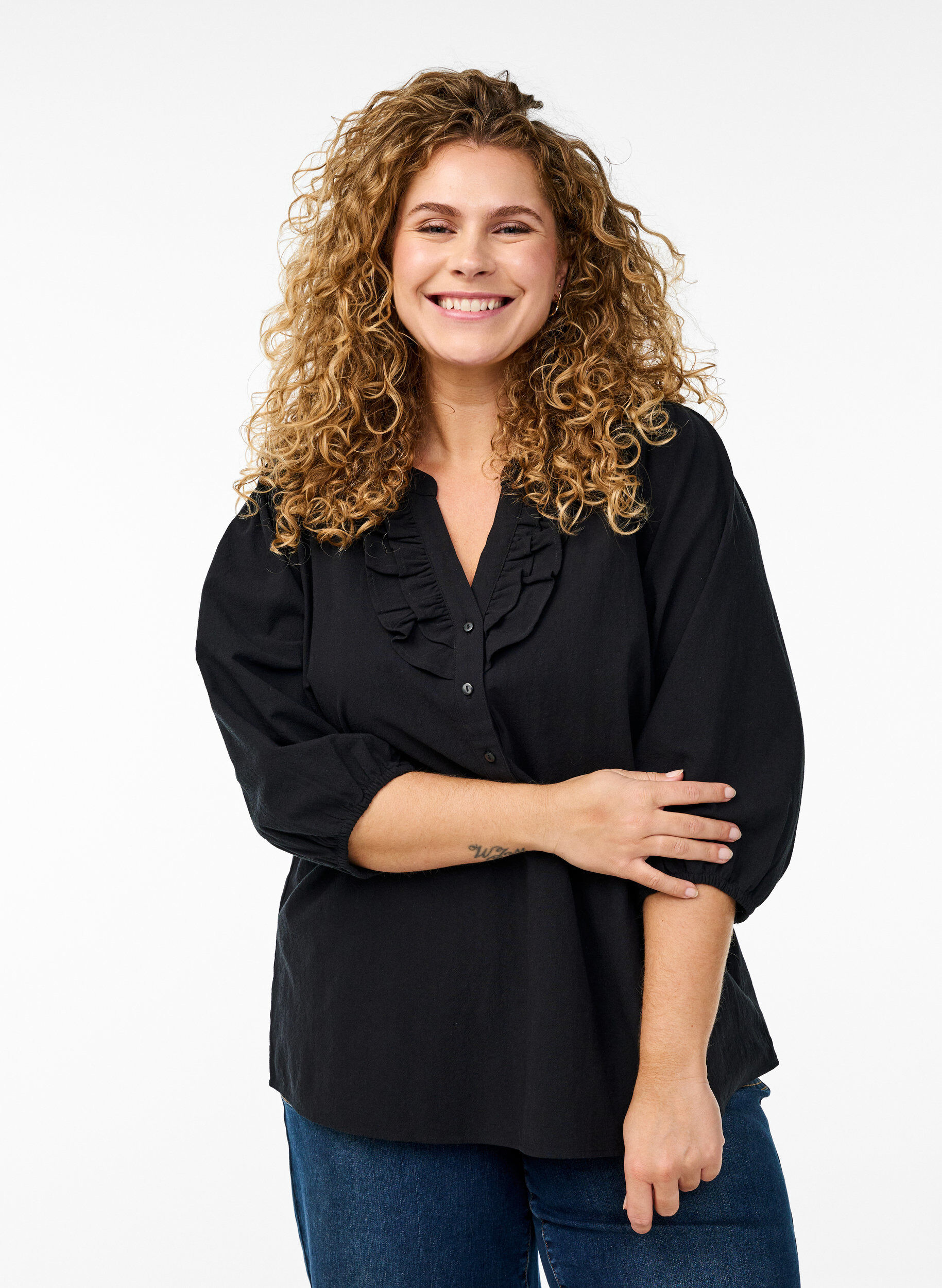 Zizzi 3/4 &aelig;rmet bluse i bomuld, Sort, Model image number 0