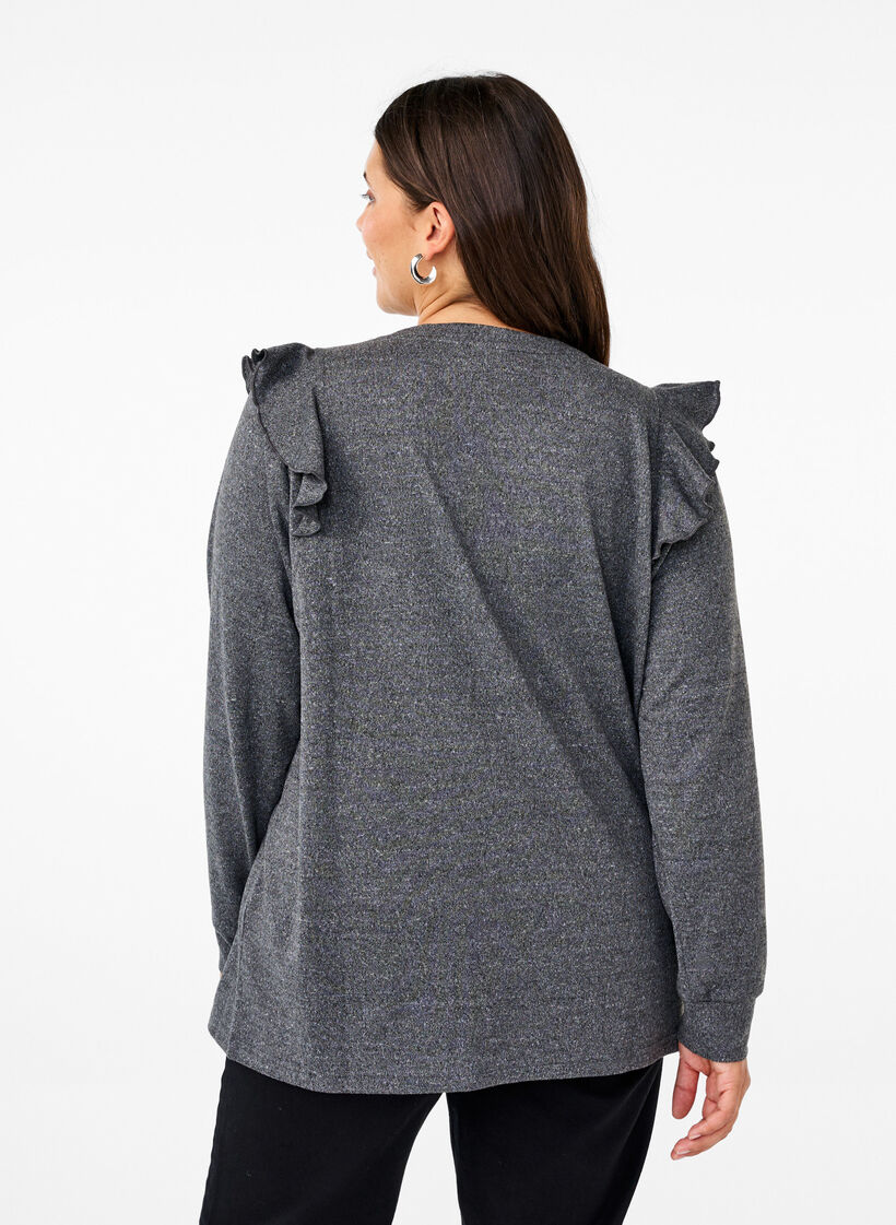 Langærmet bluse med flæsedetaljer, Dark Grey Melange, Model image number 1