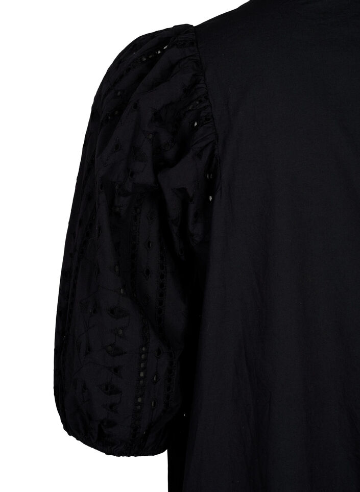 Skjortekjole i bomuld med broderi anglaise, Black, Packshot image number 3