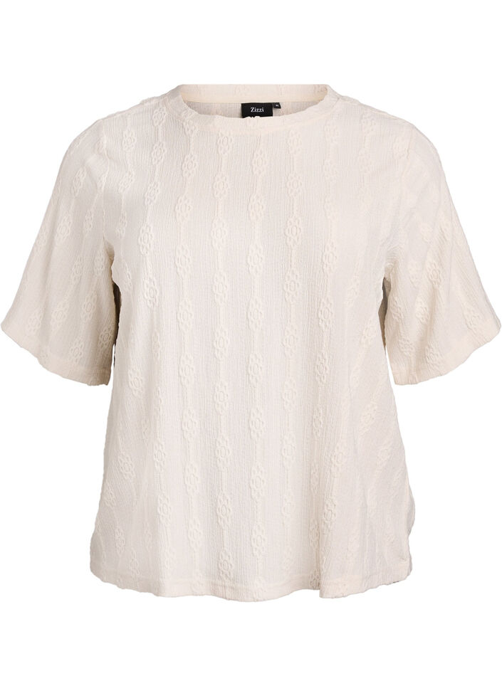 Bluse med strukturmønster og korte ærmer, Beige, Packshot image number 0