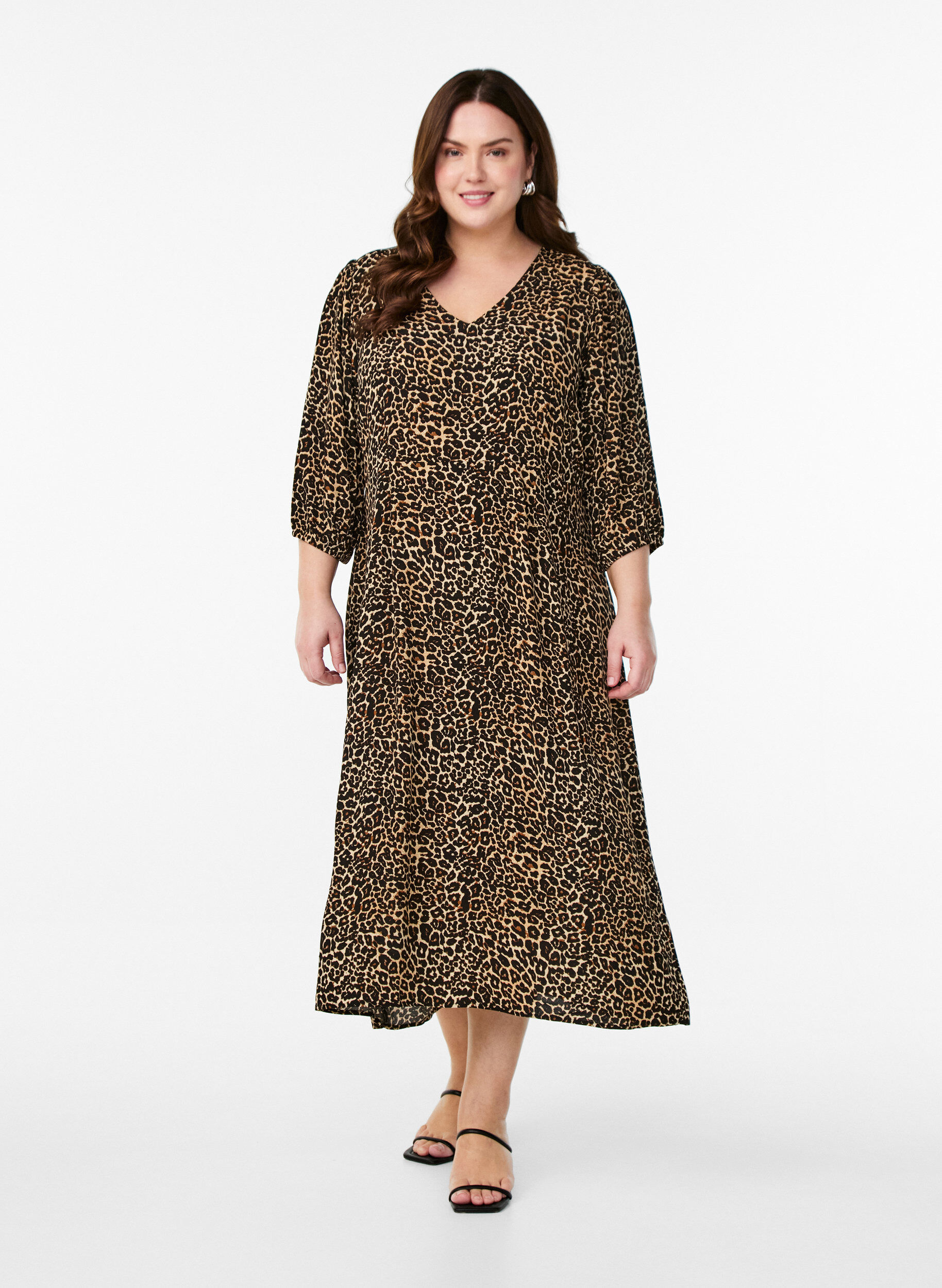 Zizzi Midikjole med leopardprint og 3/4 &aelig;rmer, Brun, Model image number 1