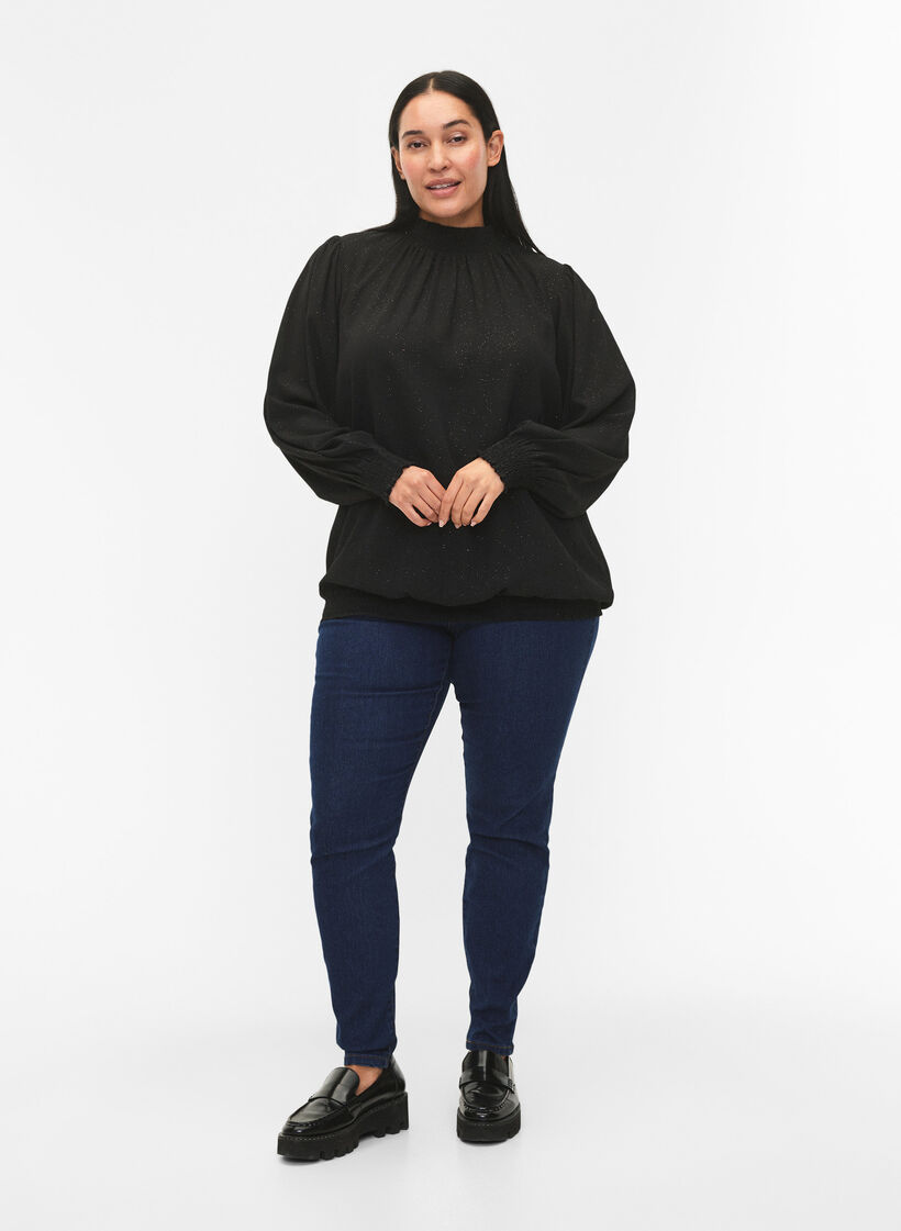 FLASH - Langærmet bluse med smock og glitter, Black w. Silver, Model image number 2