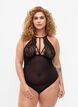 Halterneck bodystocking med blonder og strings, Black, Model image number 0