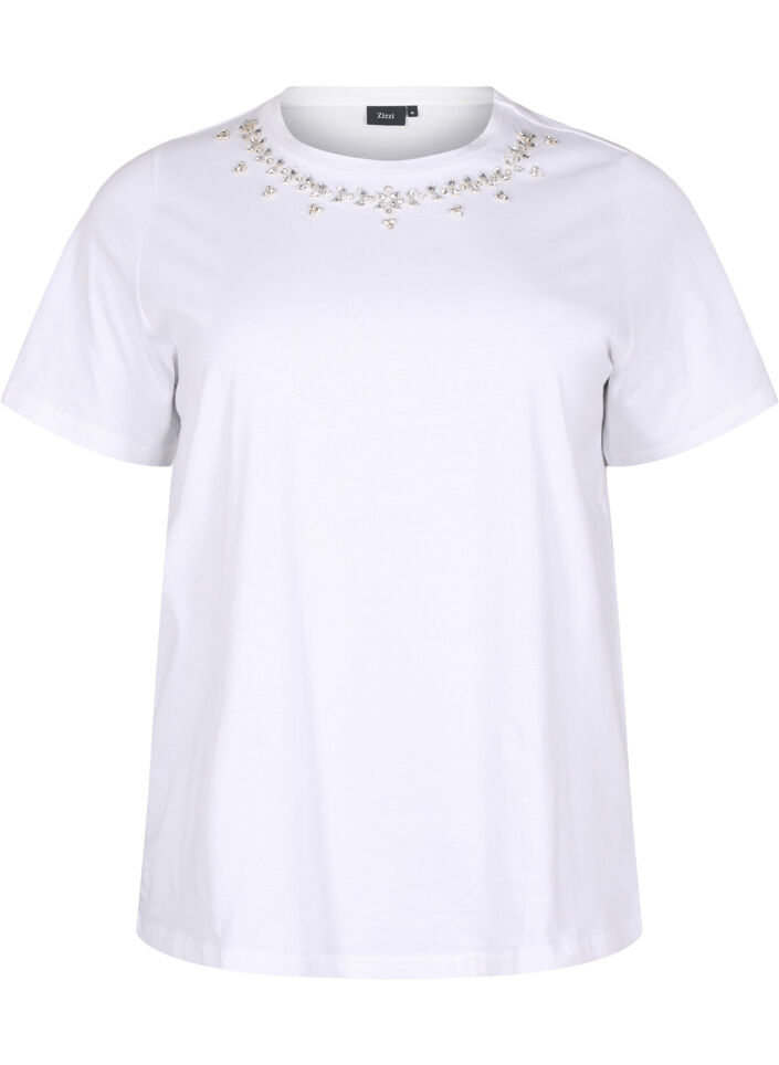 T-shirt med rund hals og rhinsten, Bright White, Packshot image number 0