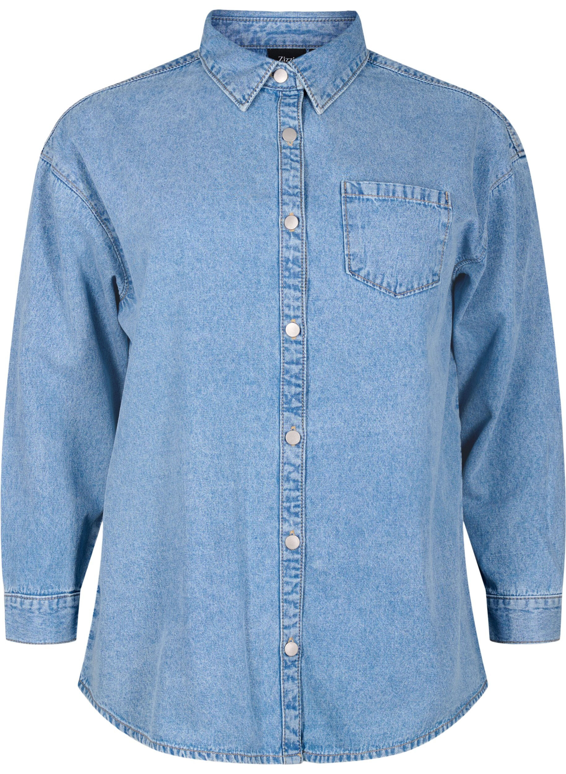 Zizzi L&oslash;s denimskjorte med brystlomme, Light blue denim, Packshot image number 0