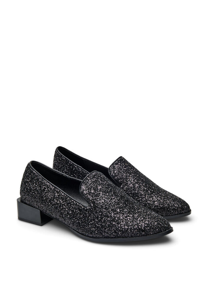 Wide fit - Loafers med glitter, Sort, Packshot image number 1