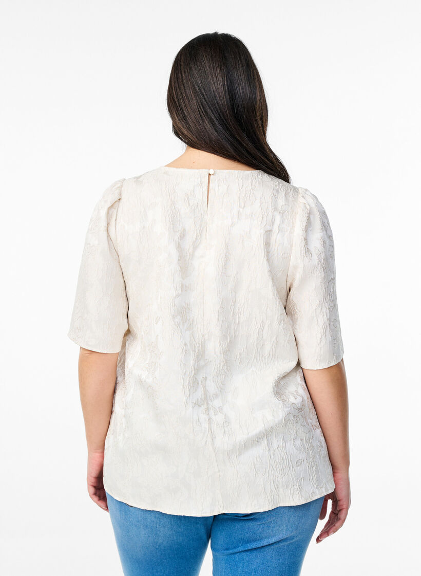 Bluse med jacquardmønster og pufærmer, Vanilla, Model image number 2