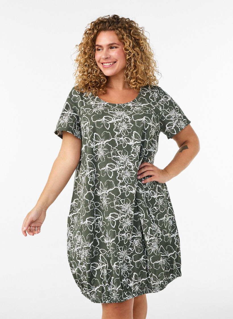 Kort&aelig;rmet bomuldskjole med print, Gr&oslash;n, Model image number 0