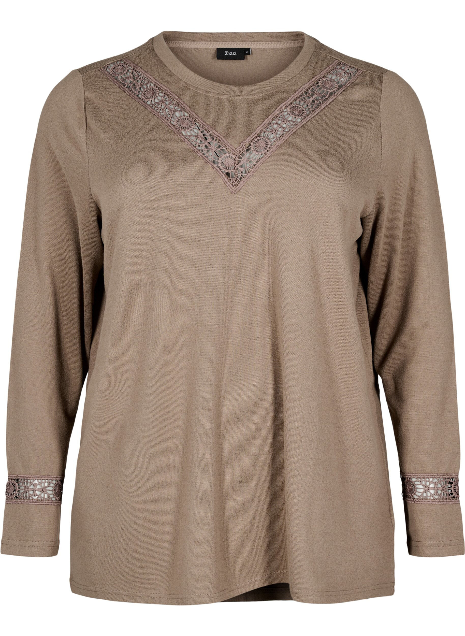 Zizzi Bluse med broderidetaljer og lange &aelig;rmer, Brun, Packshot image number 0