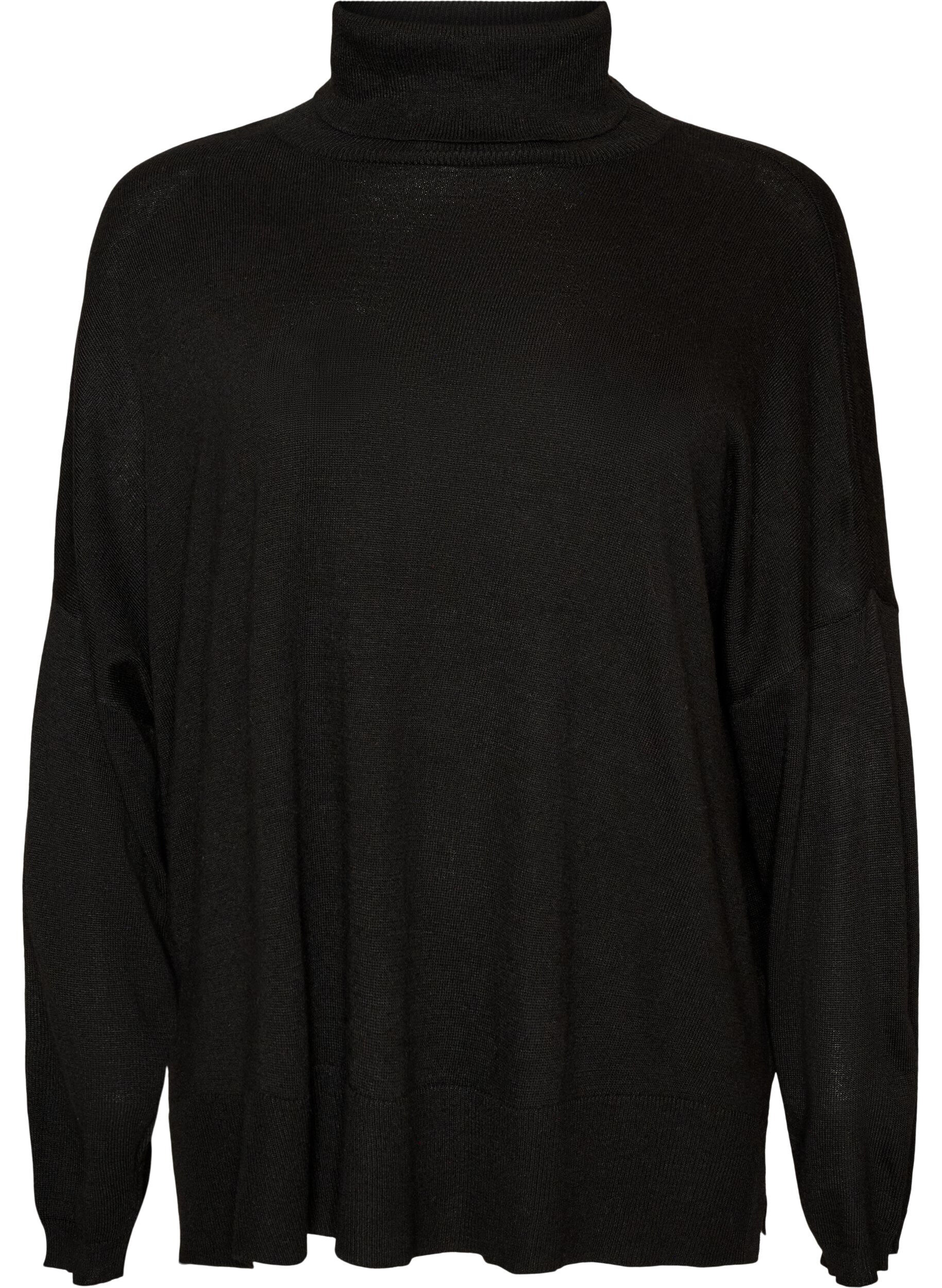 ZizziStrikbluse med rullekrave og l&oslash;s pasform, Sort, Packshot image number 0