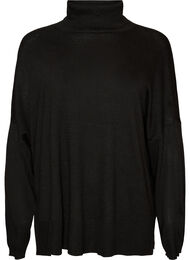 Strikbluse med rullekrave og l&oslash;s pasform, Sort
