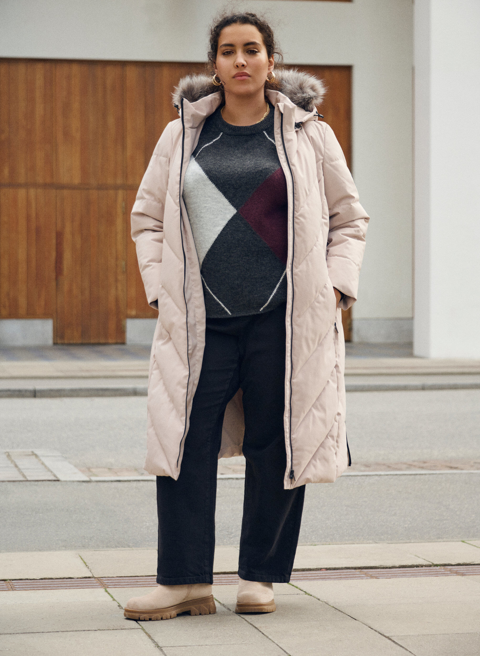 Zizzi Strik med store tern og kontrast&aelig;rmer, Gr&aring;, Image image number 0