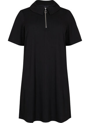 Kortærmet kjole med krave og lynlås, Black, Packshot image number 0