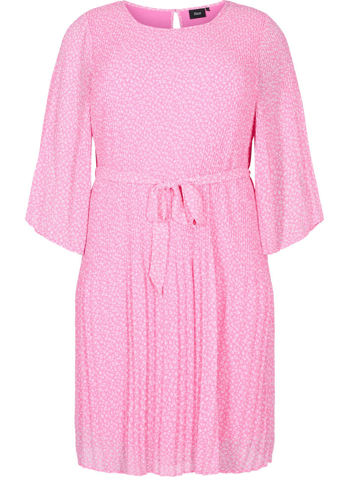 Plissé kjole med bindebånd, Pink Ditzy Flower, Packshot image number 0
