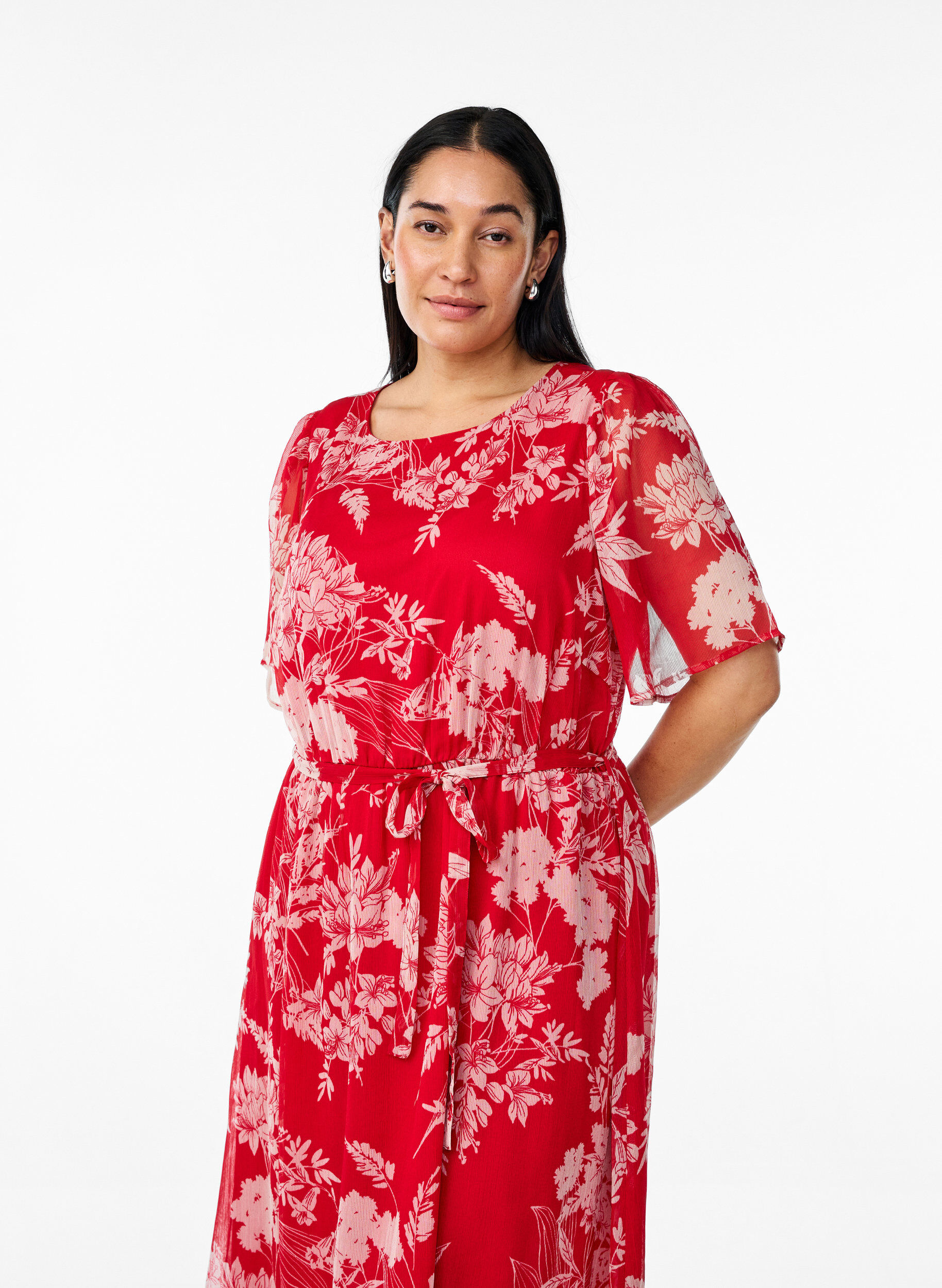 Zizzi Lang chiffonkjole med blomsterprint, Red Flower AOP, Model image number 2