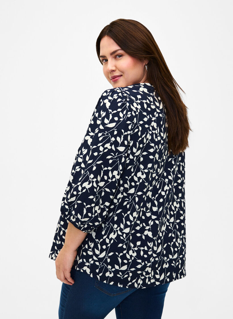 3/4 &aelig;rmet bluse i bomuld med print, Navy Blazer Leaf, Model image number 1