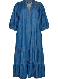Denimkjole i maxil&aelig;ngde med fl&aelig;sesk&aelig;ringer, Bl&aring;