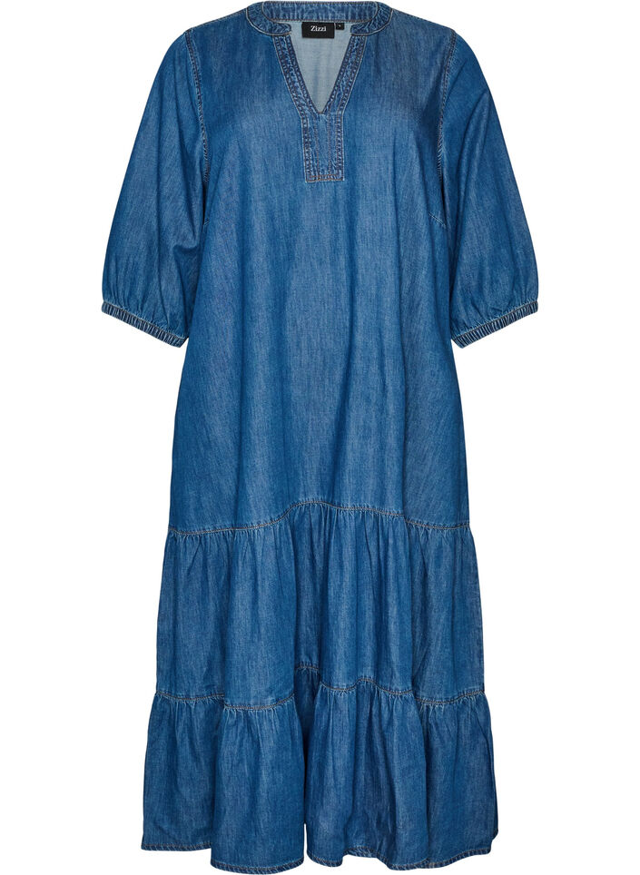 Denimkjole i maxil&aelig;ngde med fl&aelig;sesk&aelig;ringer, Bl&aring;, Packshot image number 0