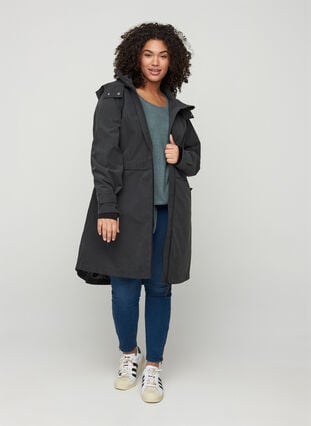 Vandtæt jakke med hætte og justerbar talje, Black, Model image number 4