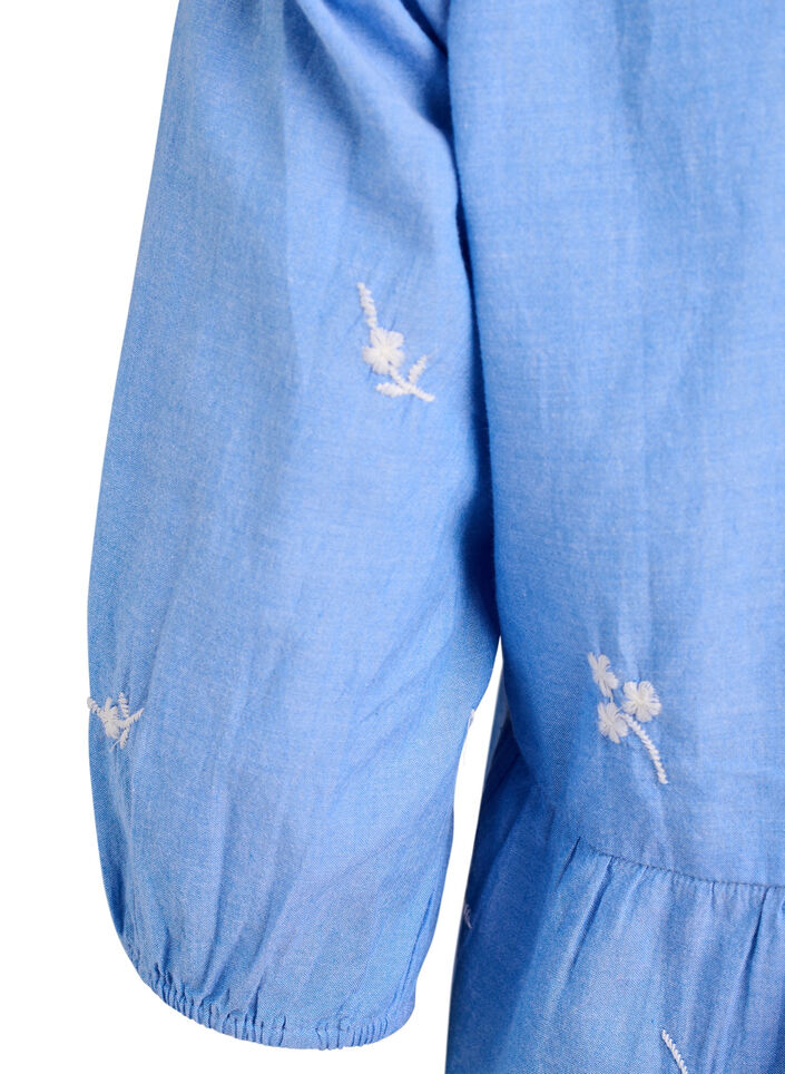 Bluse i bomuld med broderede blomster og knaplukning, Bl&aring;, Packshot image number 3