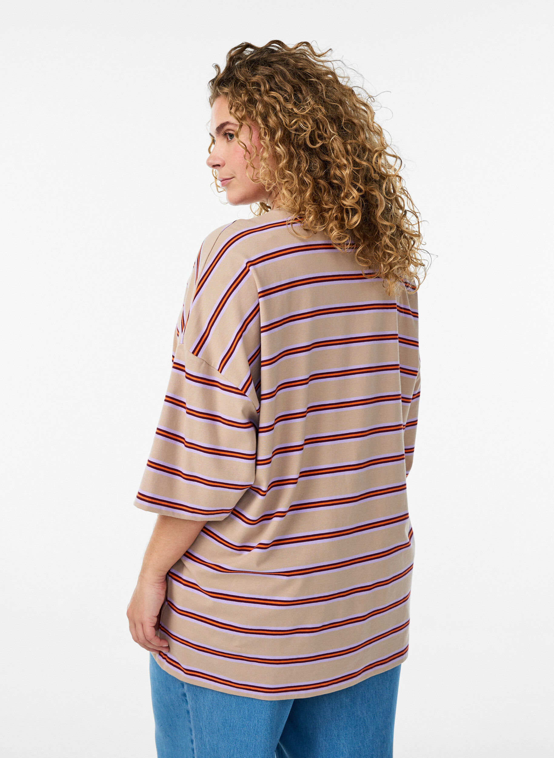 ZizziOversize T-shirt med striber og 1/2 &aelig;rmer, Beige, Model image number 2