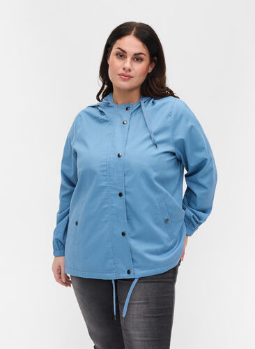 Kort parka jakke med hætte og justerbar bund, Blue Shadow, Model image number 0