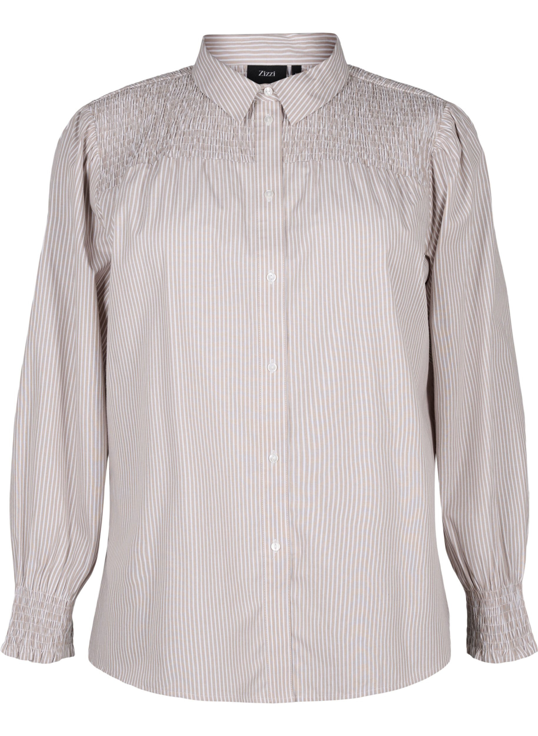 Zizzi Stribet skjorte med smock, Silver Mink Wh. St., Packshot image number 0