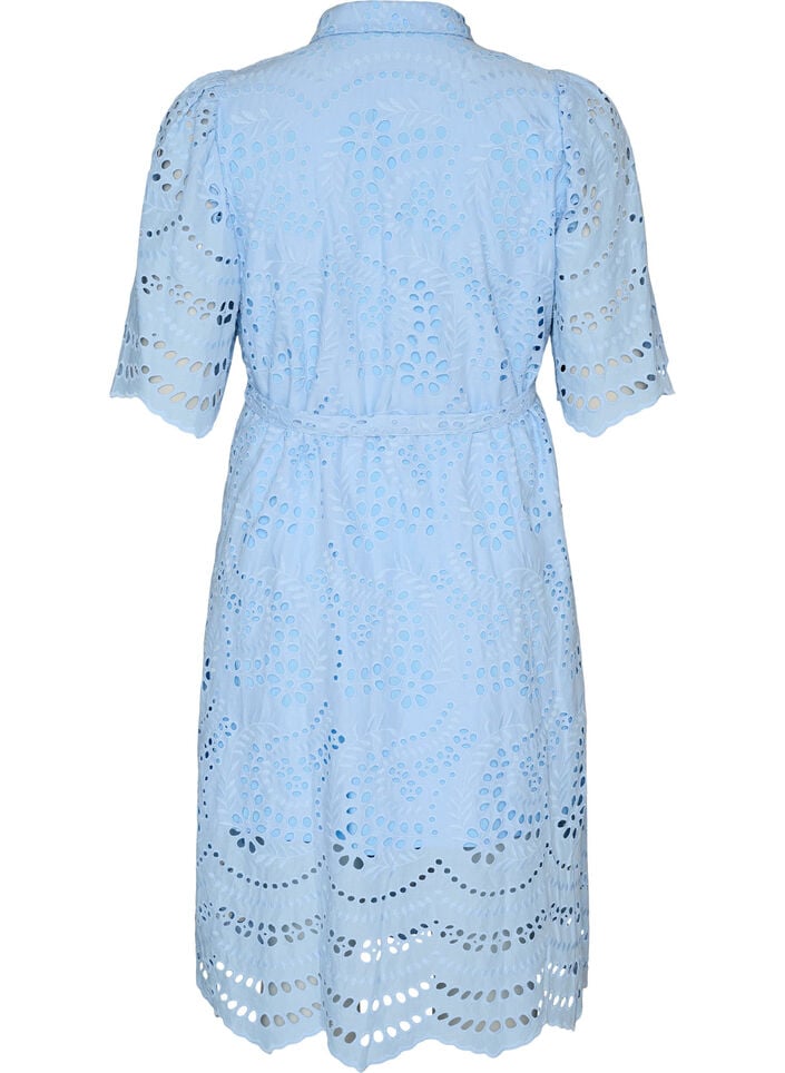 Skjortekjole i broderie anglaise med bindeb&aelig;lte, Bl&aring;, Packshot image number 1