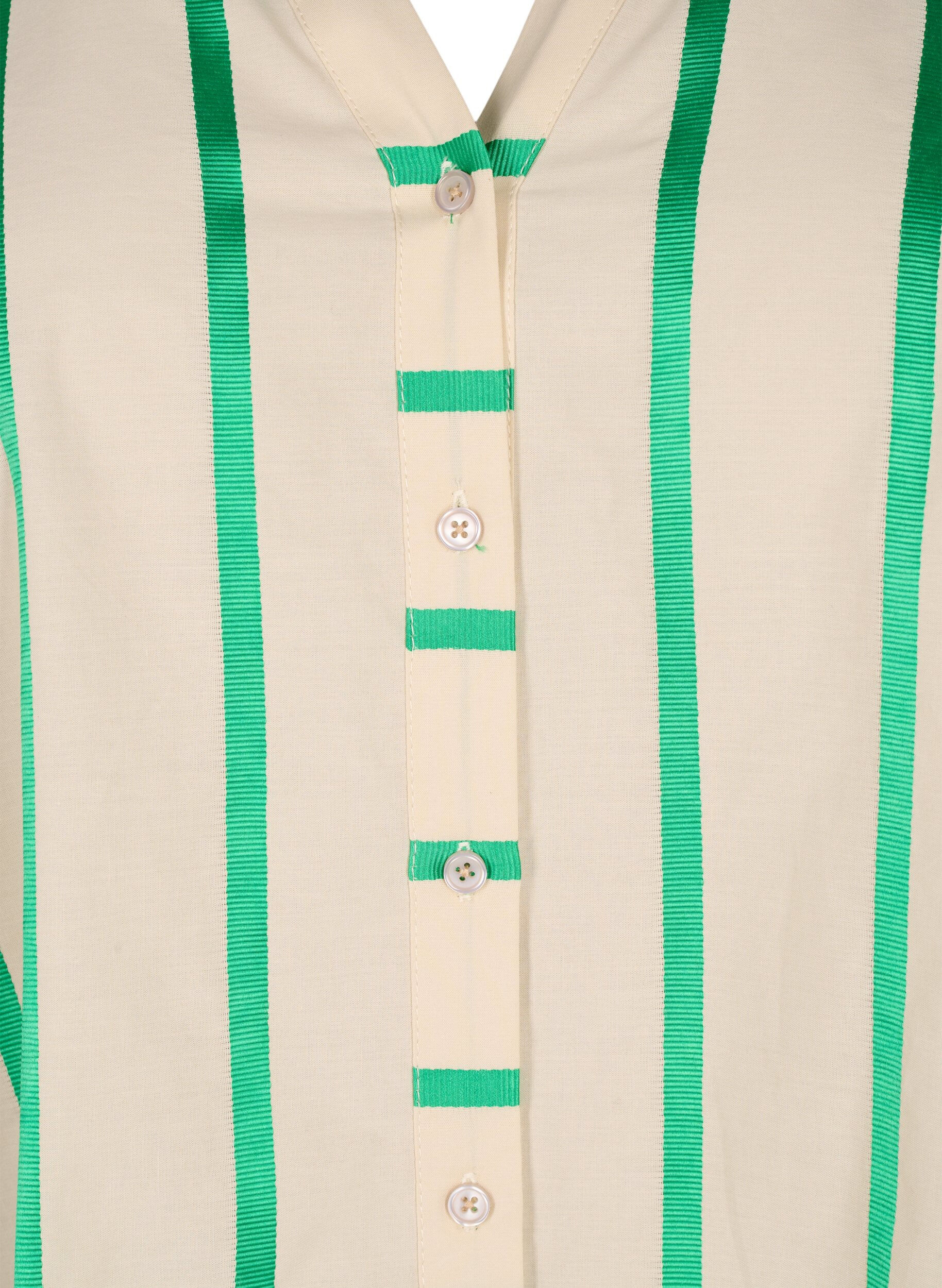 Zizzi Stribet skjortebluse i bomuld med fl&aelig;sekrave, Beige Green Stripe, Packshot image number 2