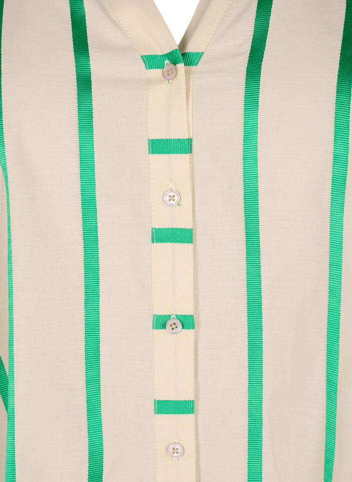Stribet skjortebluse i bomuld med flæsekrave, Beige Green Stripe, Packshot image number 2