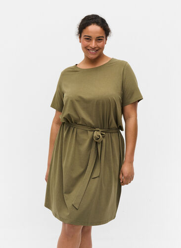 Kortærmet kjole med taljebælte, Dusty Olive, Model image number 0