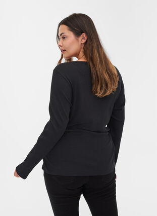 Langærmet bluse i rib med knappedetaljer, Black, Model image number 1