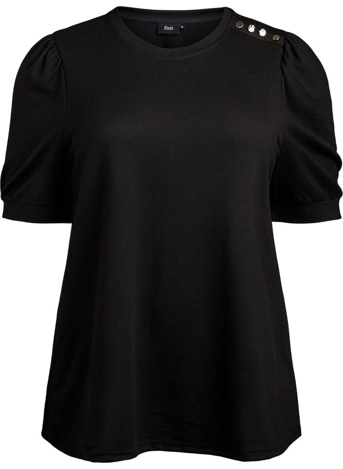 Bluse med knapdetalje og korte pufærmer, Sort, Packshot image number 0