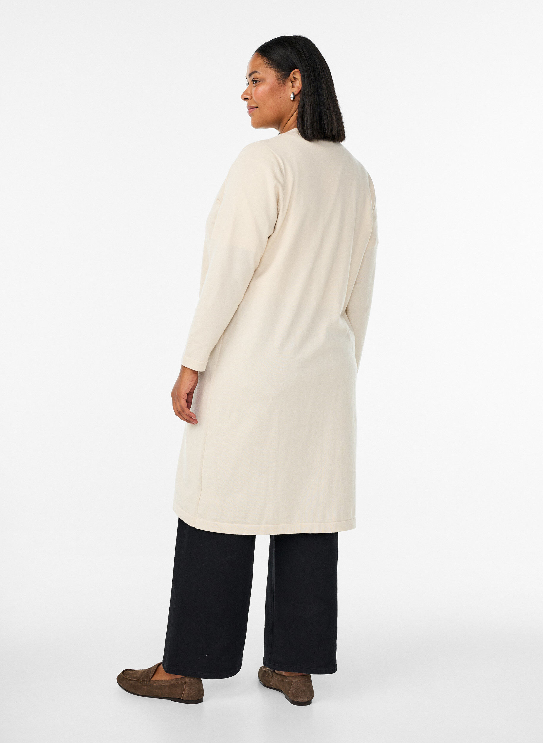 ZizziLang, &aring;ben cardigan med lommer, Beige, Model image number 1