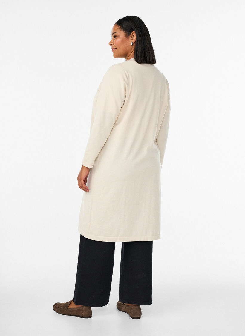 Lang, &aring;ben cardigan med lommer, Beige, Model image number 1