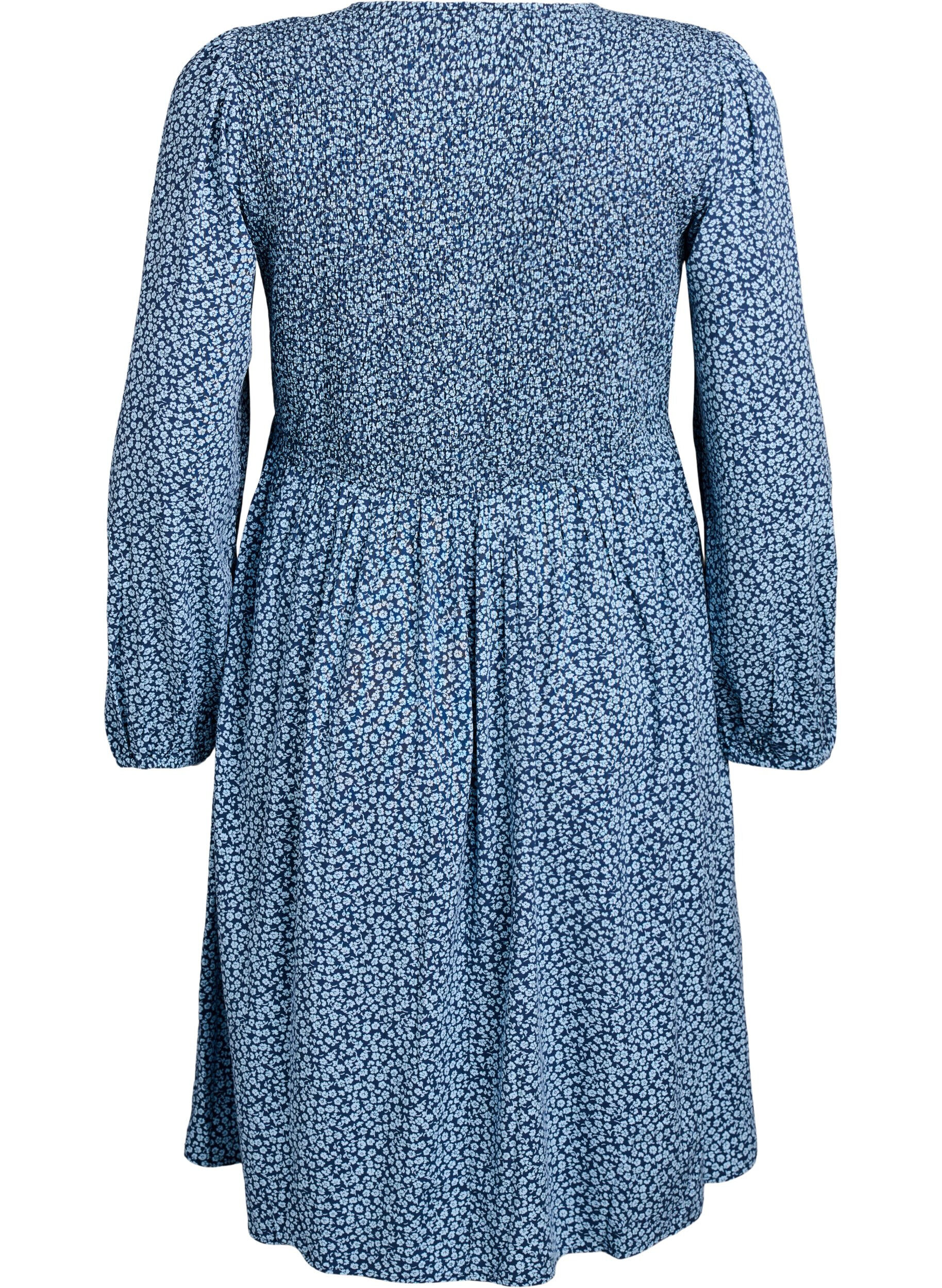 ZizziKjole med smock-overdel og sm&aring;blomstret m&oslash;nster, Bl&aring;, Packshot image number 1