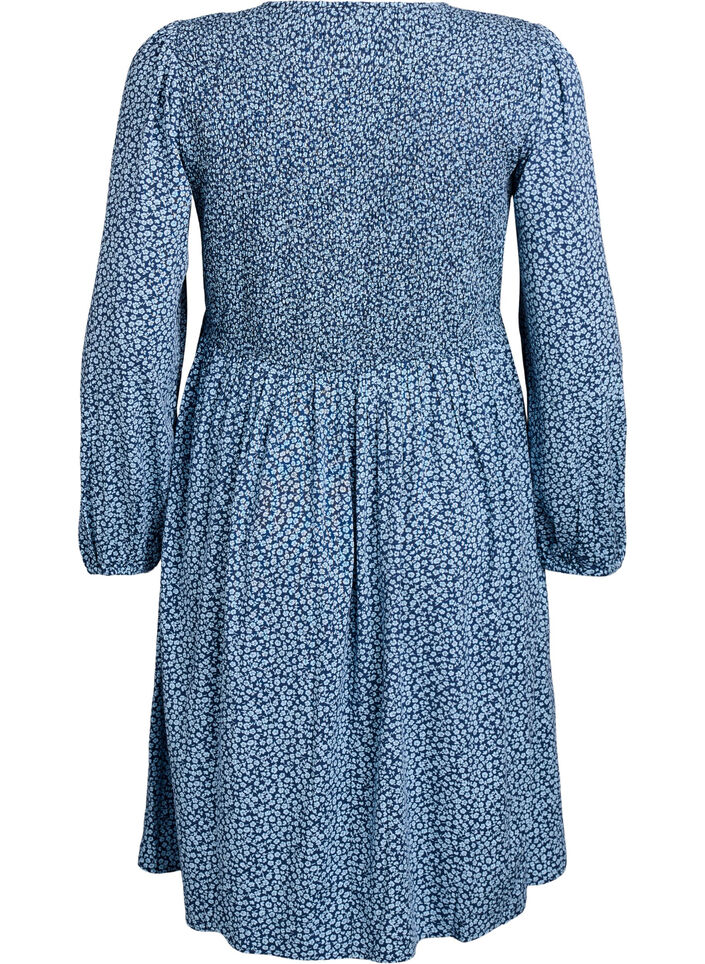 Kjole med smock-overdel og sm&aring;blomstret m&oslash;nster, Bl&aring;, Packshot image number 1