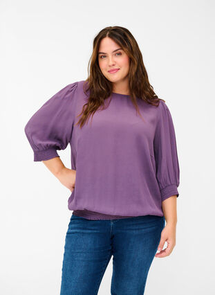 Viskose bluse med 3/4 ærmer og smock, Vintage Violet, Model image number 0