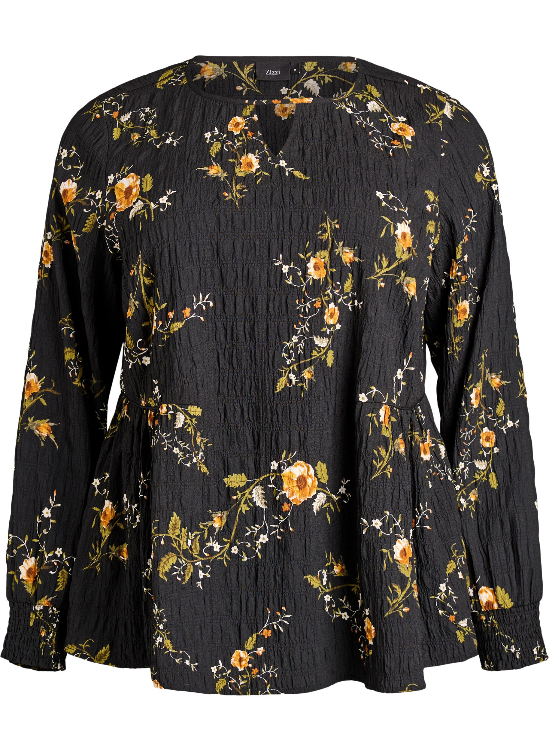 ZizziLang&aelig;rmet bluse med blomsterprint, Sort, Packshot image number 0