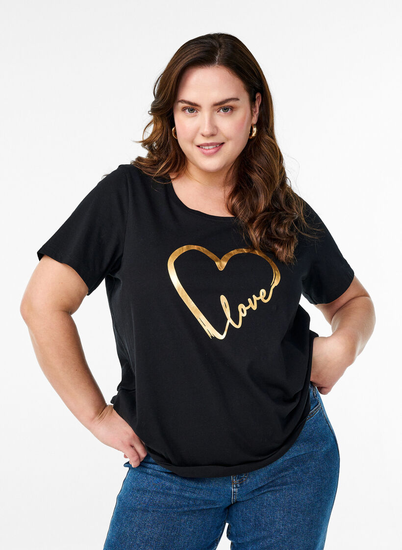 Bomulds t-shirt med motiv, Black w. Gold Love, Model image number 0