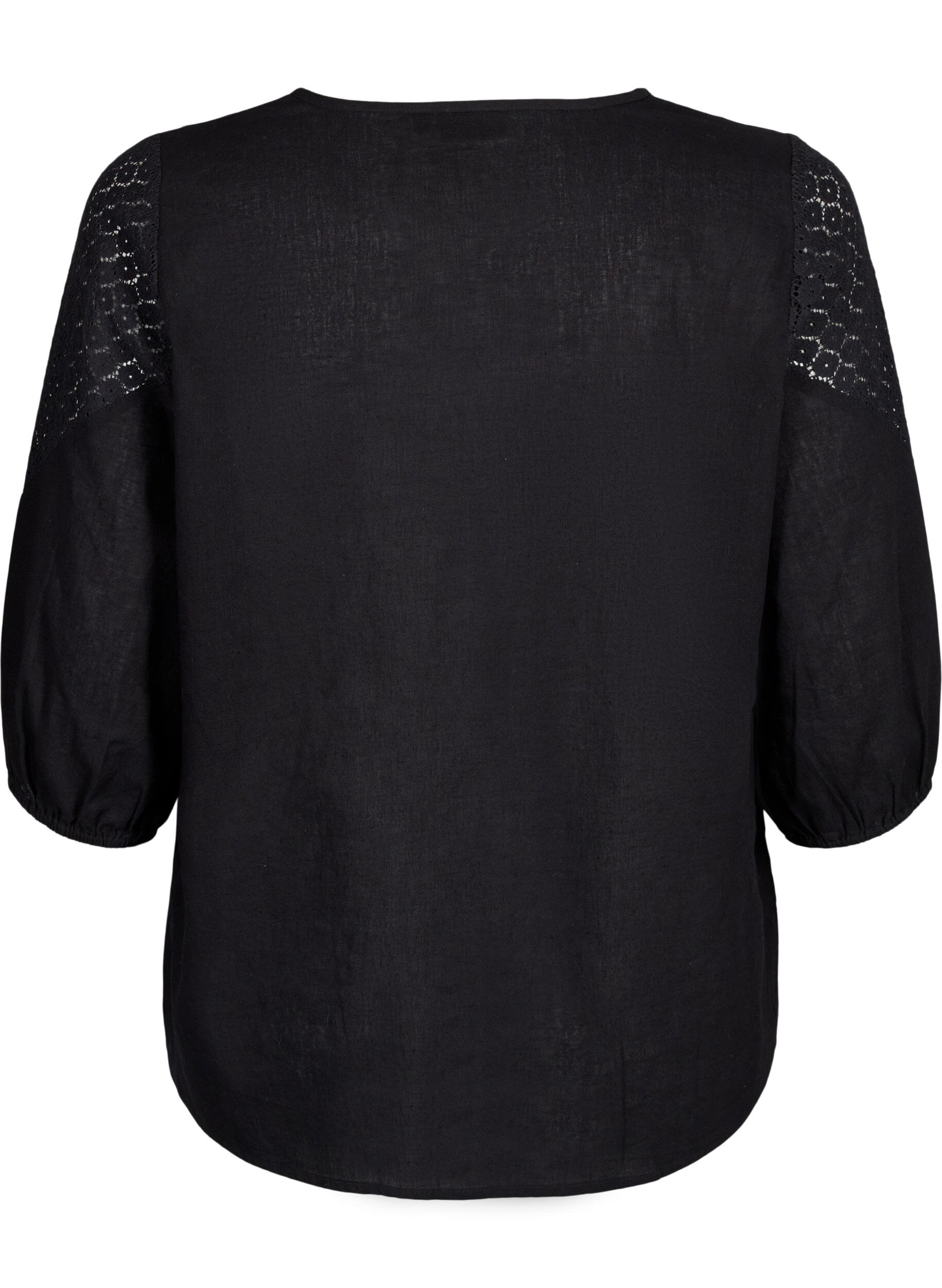 Zizzi Bluse i bomuldsmix med h&oslash;r og crochetdetalje, Black, Packshot image number 1