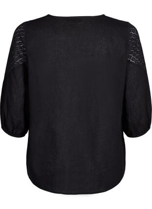 Bluse i bomuldsmix med hør og crochetdetalje, Black, Packshot image number 1